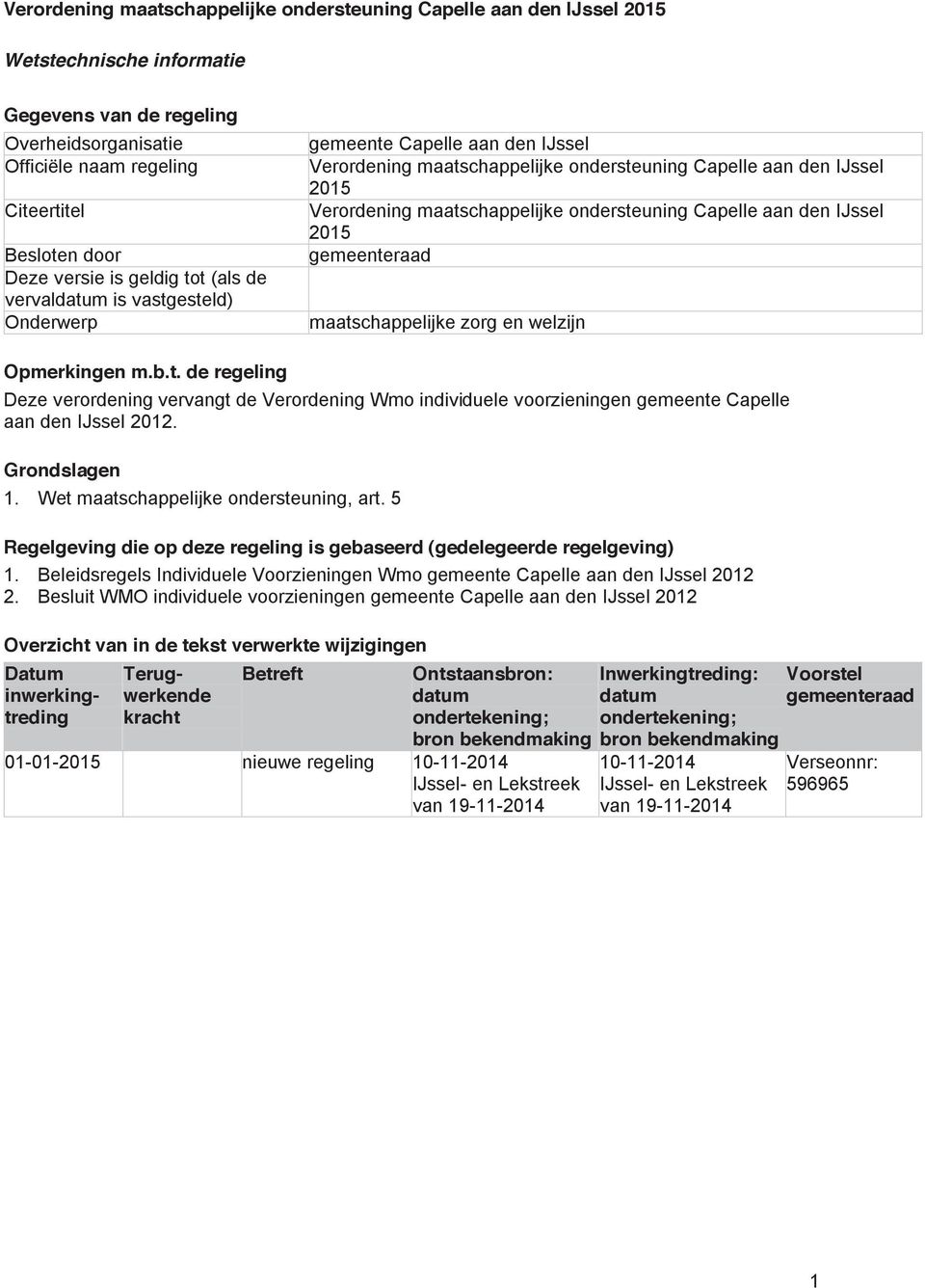 ondersteuning Capelle aan den IJssel 2015 gemeenteraad maatschappelijke zorg en welzijn Opmerkingen m.b.t. de regeling Deze verordening vervangt de Verordening Wmo individuele voorzieningen gemeente Capelle aan den IJssel 2012.
