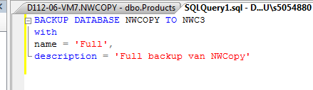 SQL Server 2008 R2 - Labo 3-22 1.10 Full, Differential, Transaction log Voer de volgende opdrachten uit in T-SQL. Maak een nieuw backup device NWC3 aan met bestandsnaam NWC3.BAK in de map C:\Backup.