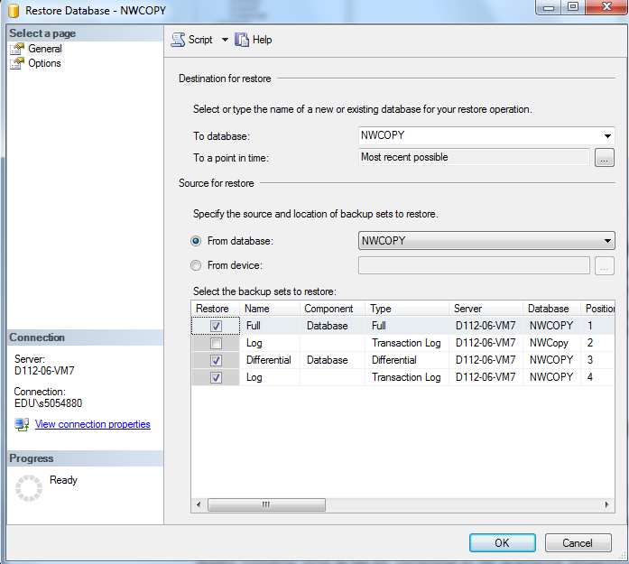 SQL Server 2008 R2 - Labo 3-27 Bekijk de mogelijke back-ups voor restore van NWCopy in Management Studio. Zijn er backup sets geselecteerd? Welke niet? Waarom (niet)?