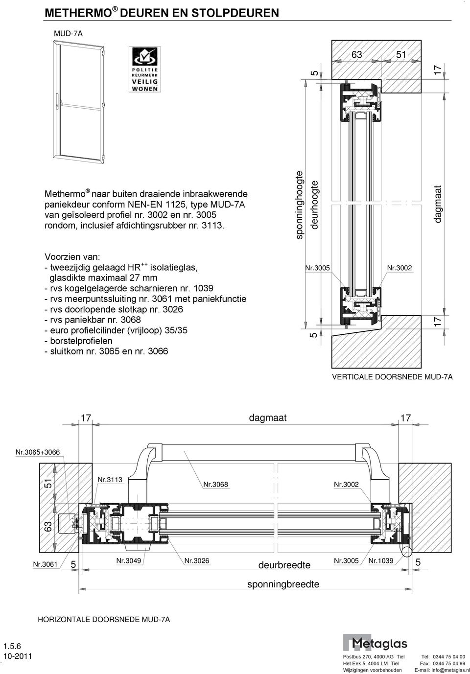 3061 met paniekfunctie - rvs doorlopende slotkap nr. 3026 - rvs paniekbar nr. 3068 - euro profielcilinder (vrijloop) 3/3 - borstelprofielen - sluitkom nr. 306 en nr.