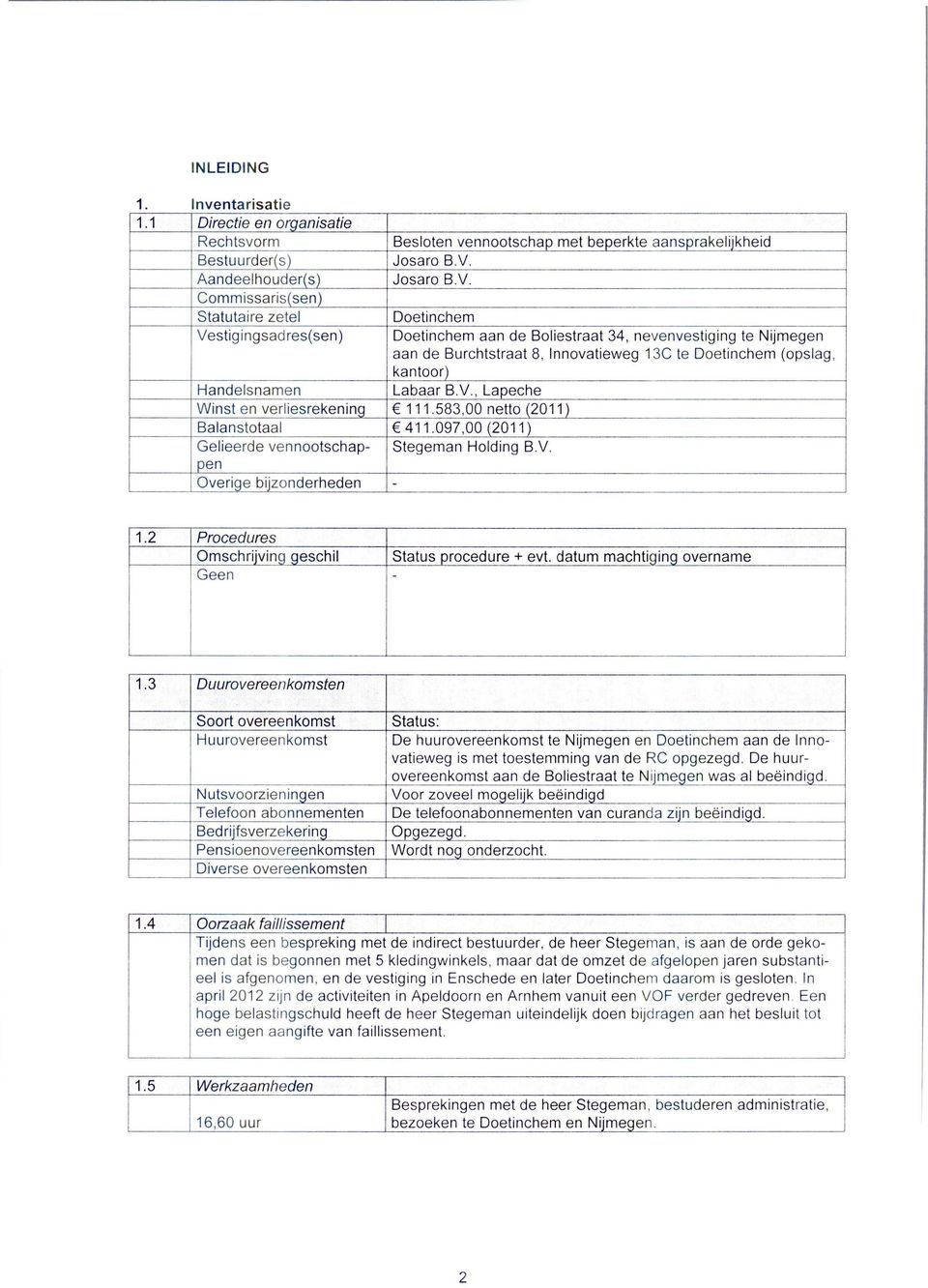 Josaro B.V. Doetinchem Doetinchem aan de Boliestraat 34, nevenvestiging te Nijmegen aan de Burchtstraat 8, Innovatieweg 130 te Doetinchem (opslag, kantoor) Handelsnamen Labaar B.V., Lapeche Winst en verliesrekening 111.