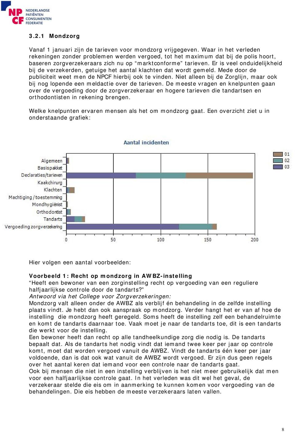 Er is veel onduidelijkheid bij de verzekerden, getuige het aantal klachten dat wordt gemeld. Mede door de publiciteit weet men de NPCF hierbij ook te vinden.