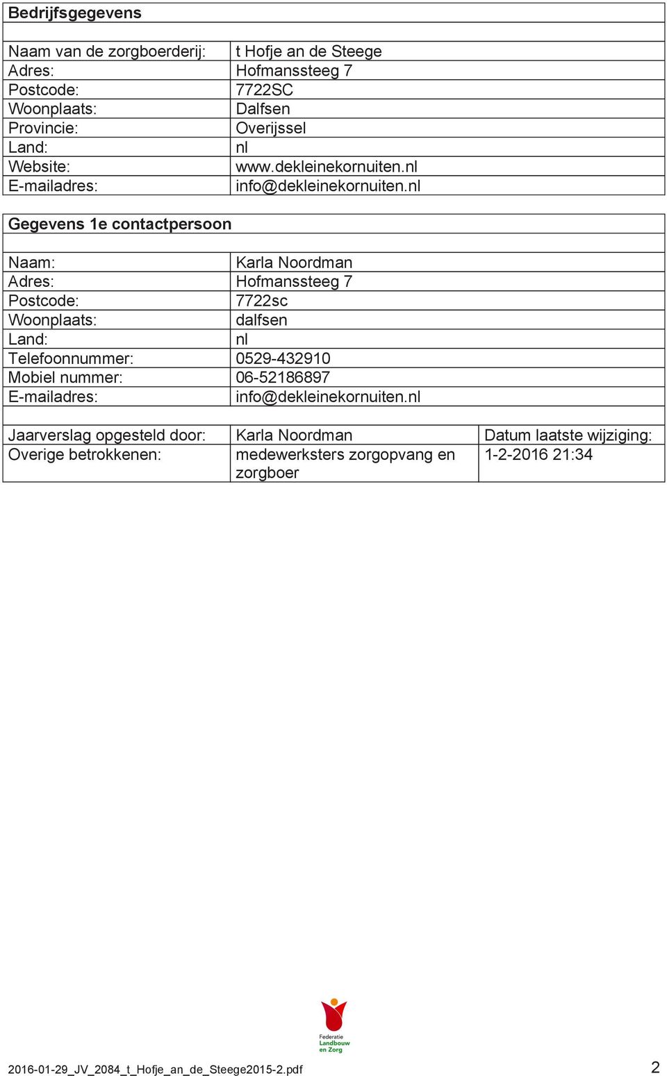 nl Gegevens 1e contactpersoon Naam: Karla Noordman Adres: Hofmanssteeg 7 Postcode: 7722sc Woonplaats: dalfsen Land: nl Telefoonnummer: 0529-432910 Mobiel