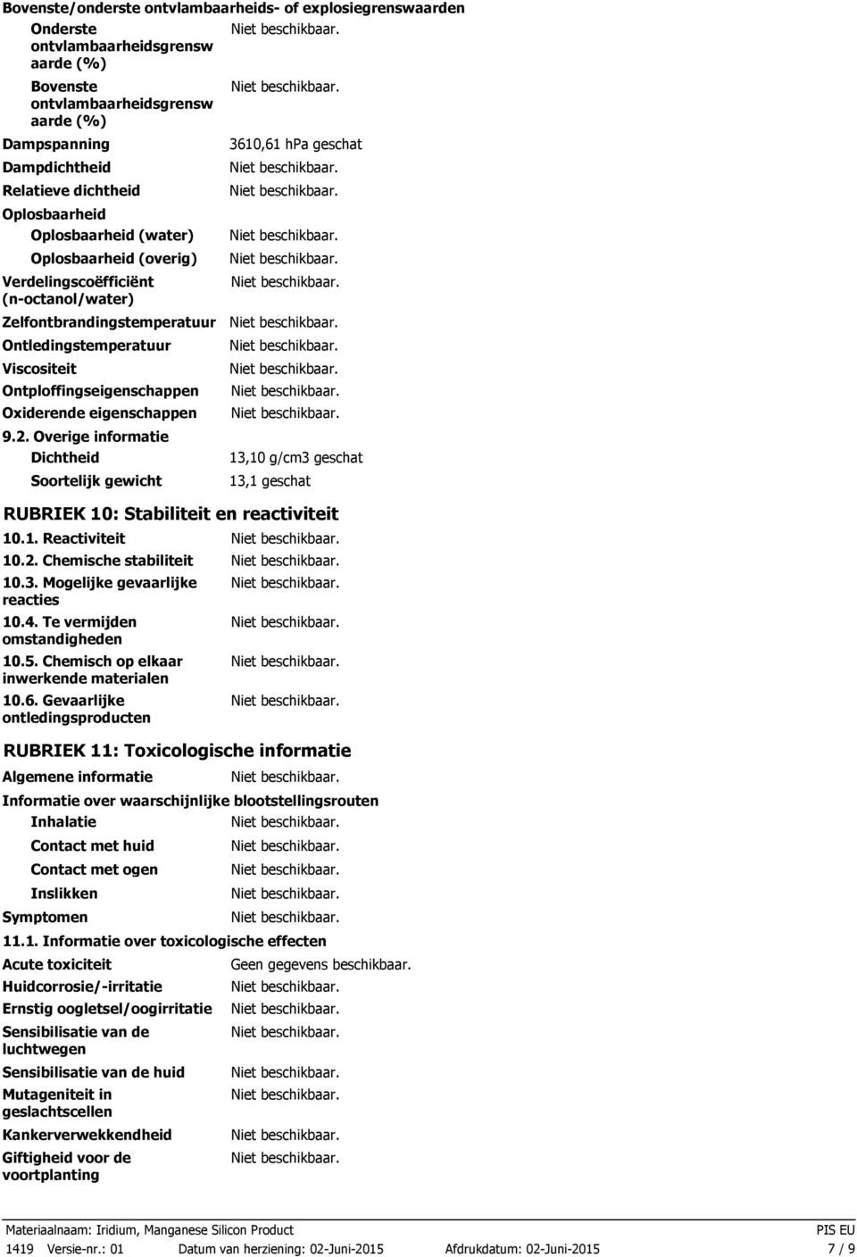 Ontploffingseigenschappen Oxiderende eigenschappen 9.2. Overige informatie Dichtheid Soortelijk gewicht 13,10 g/cm3 geschat 13,1 geschat RUBRIEK 10: Stabiliteit en reactiviteit 10.1. Reactiviteit 10.