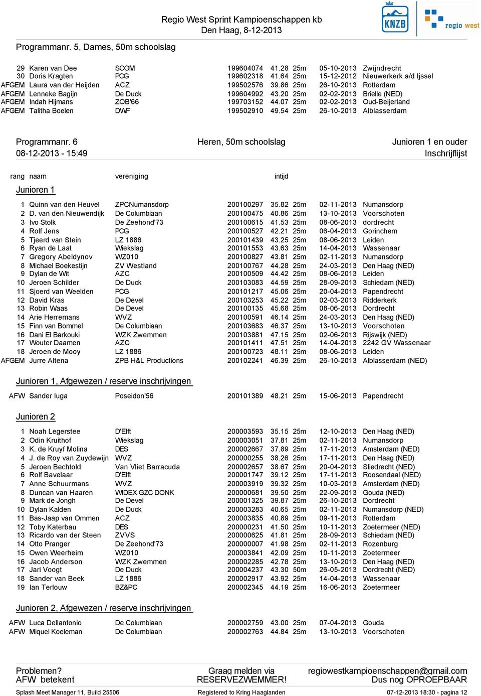 20 25m 02-02-2013 Brielle (NED) AFGEM Indah Hijmans ZOB'66 199703152 44.07 25m 02-02-2013 Oud-Beijerland AFGEM Talitha Boelen DWF 199502910 49.54 25m 26-10-2013 Alblasserdam Programmanr.