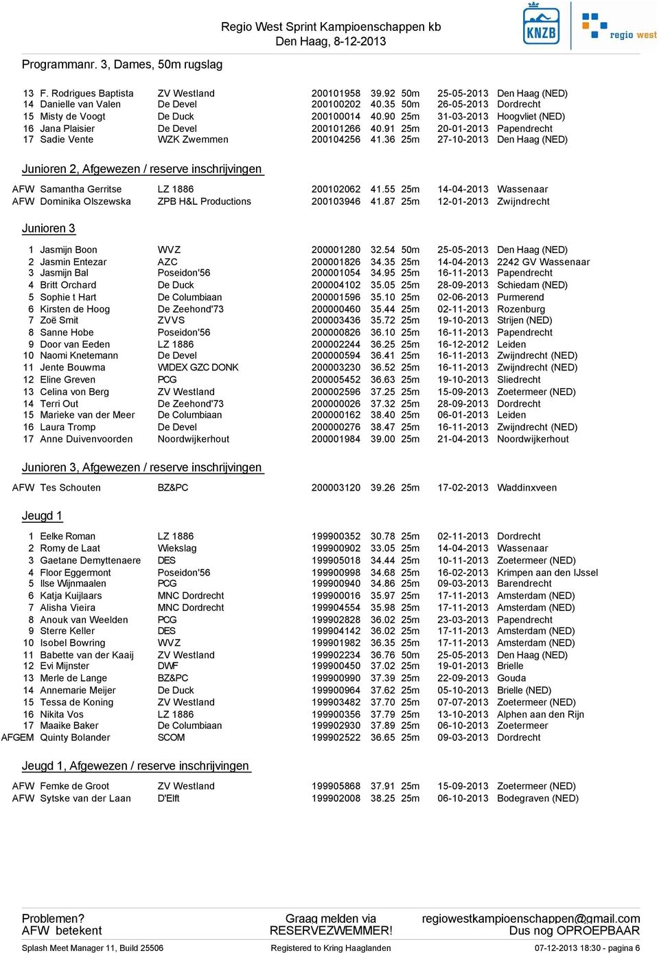 91 25m 20-01-2013 Papendrecht 17 Sadie Vente WZK Zwemmen 200104256 41.36 25m 27-10-2013 Den Haag (NED) Junioren 2, Afgewezen / reserve inschrijvingen AFW Samantha Gerritse LZ 1886 200102062 41.