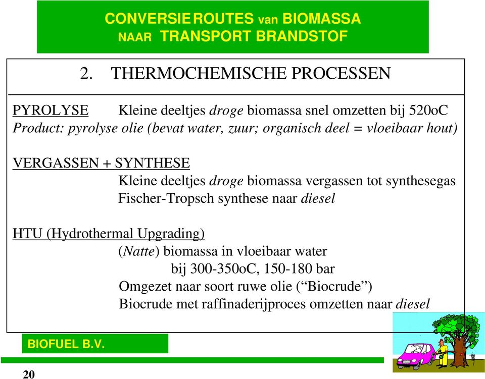 zuur; organisch deel = vloeibaar hout) VERGASSEN + SYNTHESE Kleine deeltjes droge biomassa vergassen tot synthesegas