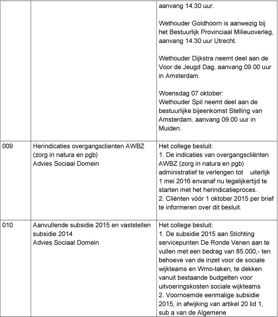 009 Herindicaties overgangsclienten AWBZ (zorg in natura en pgb) 010 Aanvullende subsidie 2015 en vaststellen subsidie 2014 1.