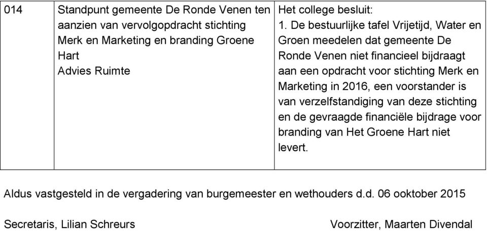 in 2016, een voorstander is van verzelfstandiging van deze stichting en de gevraagde financiële bijdrage voor branding van Het Groene Hart niet levert.