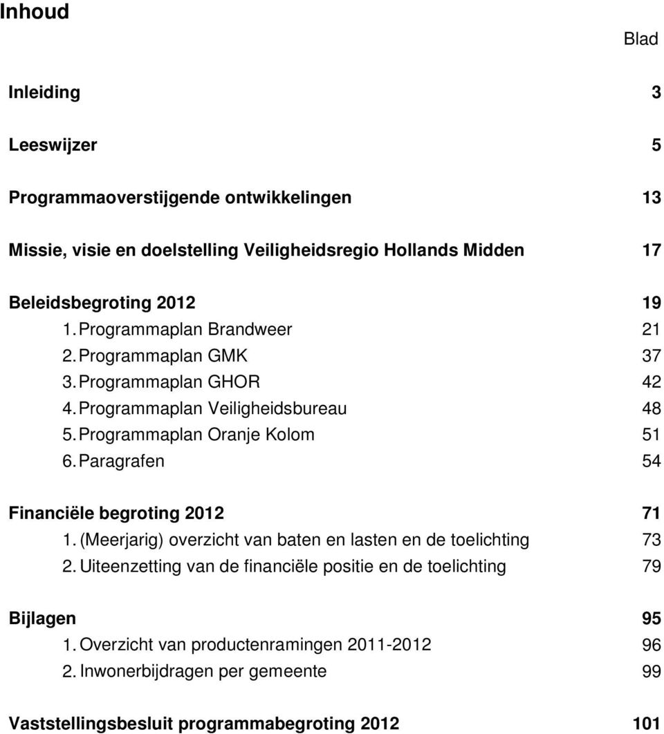 Programmaplan Oranje Kolom 51 6. Paragrafen 54 Financiële begroting 2012 71 1. (Meerjarig) overzicht van baten en lasten en de toelichting 73 2.