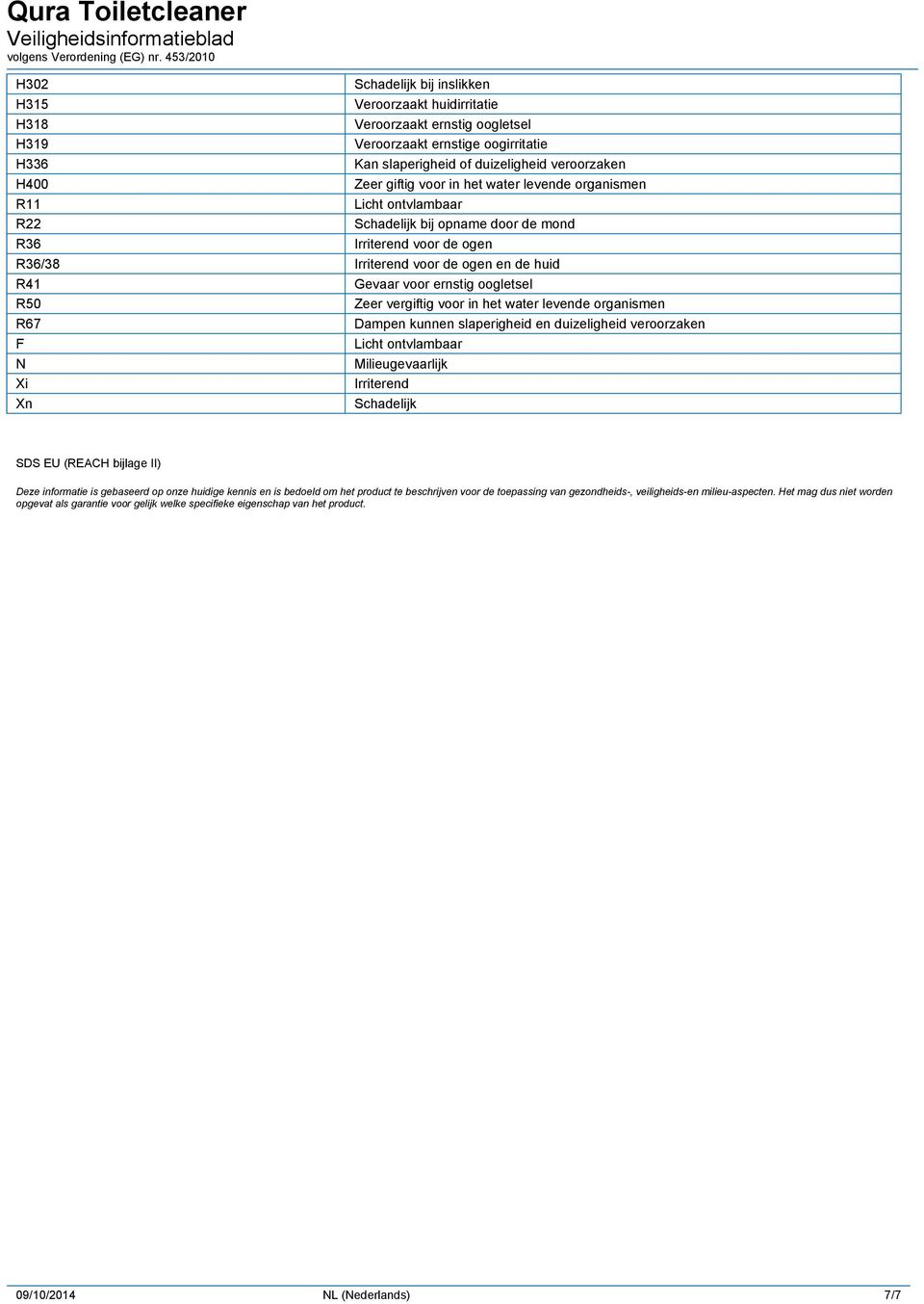 oogletsel R50 Zeer vergiftig voor in het water levende organismen R67 Dampen kunnen slaperigheid en duizeligheid veroorzaken F Licht ontvlambaar N Milieugevaarlijk Xi Irriterend Xn Schadelijk SDS EU