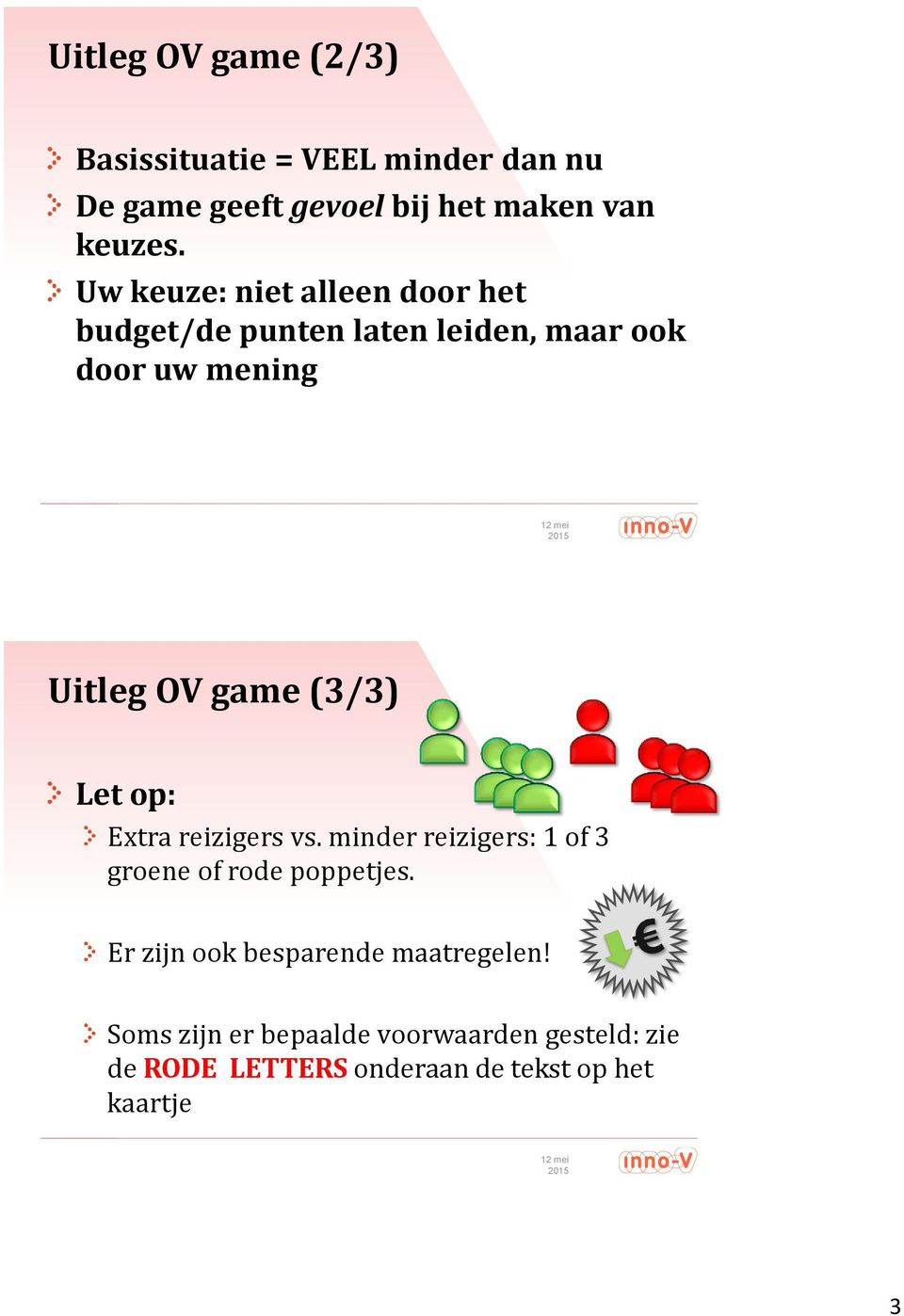 game (3/3) Let op: Extra reizigers vs. minder reizigers: 1 of 3 groene of rode poppetjes.