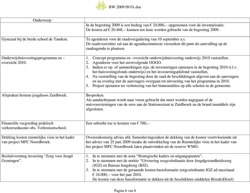 1. Concept programma en overzicht onderwijshuisvesting onderwijs 2010 vaststellen. 2. Agenderen voor het eerstvolgende OOGO. 3.