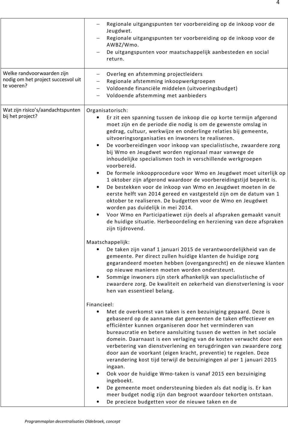 Overleg en afstemming projectleiders Regionale afstemming inkoopwerkgroepen Voldoende financiële middelen (uitvoeringsbudget) Voldoende afstemming met aanbieders Wat zijn risico s/aandachtspunten bij