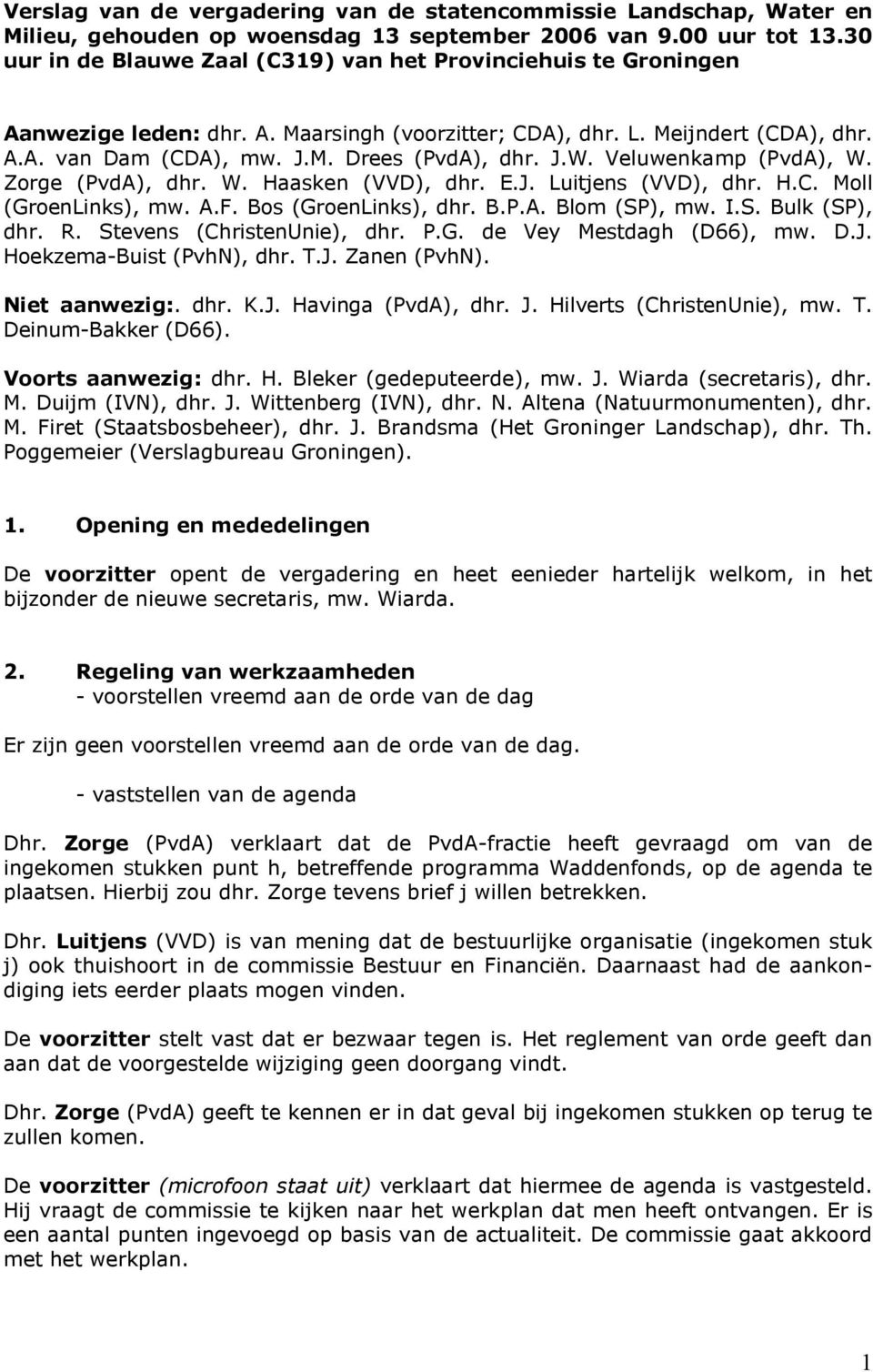 J.W. Veluwenkamp (PvdA), W. Zorge (PvdA), dhr. W. Haasken (VVD), dhr. E.J. Luitjens (VVD), dhr. H.C. Moll (GroenLinks), mw. A.F. Bos (GroenLinks), dhr. B.P.A. Blom (SP), mw. I.S. Bulk (SP), dhr. R.