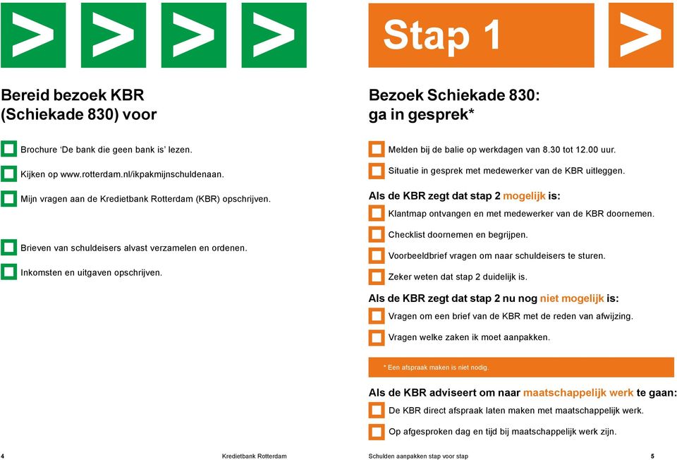 00 uur. Situatie in gesprek met medewerker van de KBR uitleggen. Als de KBR zegt dat stap 2 mogelijk is: Klantmap ontvangen en met medewerker van de KBR doornemen. Checklist doornemen en begrijpen.