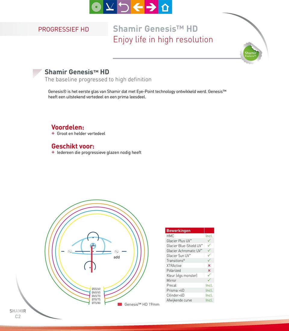 Voordelen: Groot en helder vertedeel Geschikt voor: Iedereen die progressieve glazen nodig heeft C2 Ø55/60 Ø60/65 Ø65/70 Ø70/75 Ø75/80 add Genesis HD 19mm