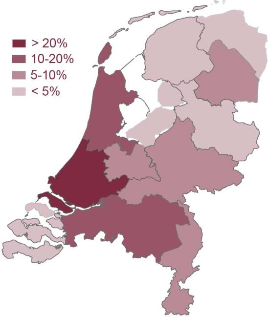 Herkomstprovincie Herkomstprovincies vakanties - 2013 De belangrijkste herkomstprovincies van vakantiegangers in zijn Zuid-Holland (25%), Noord-Brabant (18%) en Noord-Holland (16%).