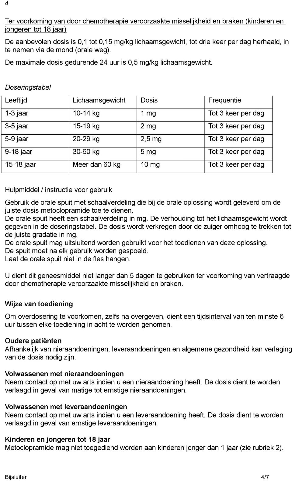 Doseringstabel Leeftijd Lichaamsgewicht Dosis Frequentie 1-3 jaar 10-14 kg 1 mg Tot 3 keer per dag 3-5 jaar 15-19 kg 2 mg Tot 3 keer per dag 5-9 jaar 20-29 kg 2,5 mg Tot 3 keer per dag 9-18 jaar