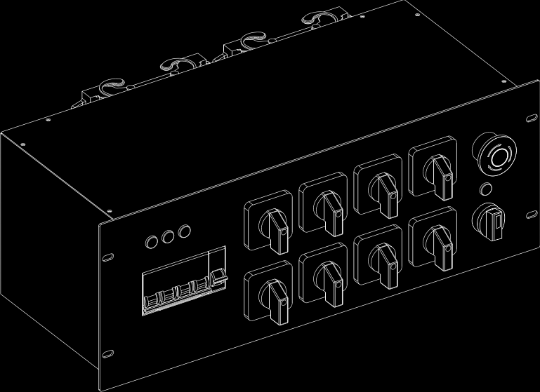 Delen 1 Bovenkap 2 Messingstaaf voor E-line 3 Aansluitblok 4 Aluminiumbeugel voor de bevestigingsklem 5 AC-relais 6 Aluminium bevestigingsbasis voor resterende relais 7 12-wegs aansluitblok 8