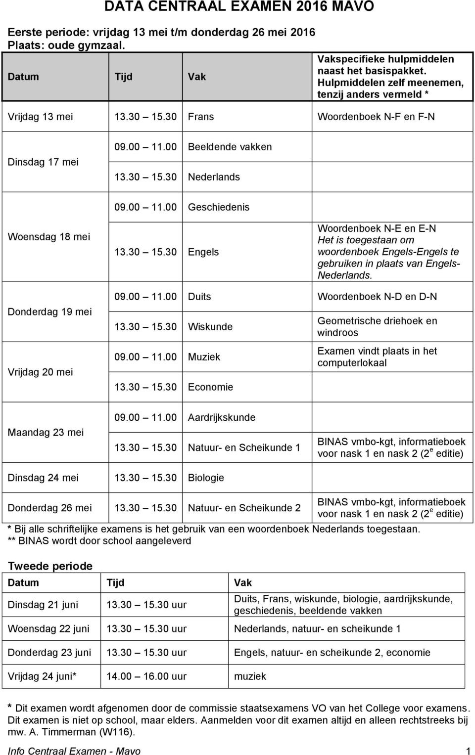 30 15.30 Engels Woordenboek N-E en E-N Het is toegestaan om woordenboek Engels-Engels te gebruiken in plaats van Engels- Nederlands. Donderdag 19 mei Vrijdag 20 mei 09.00 11.