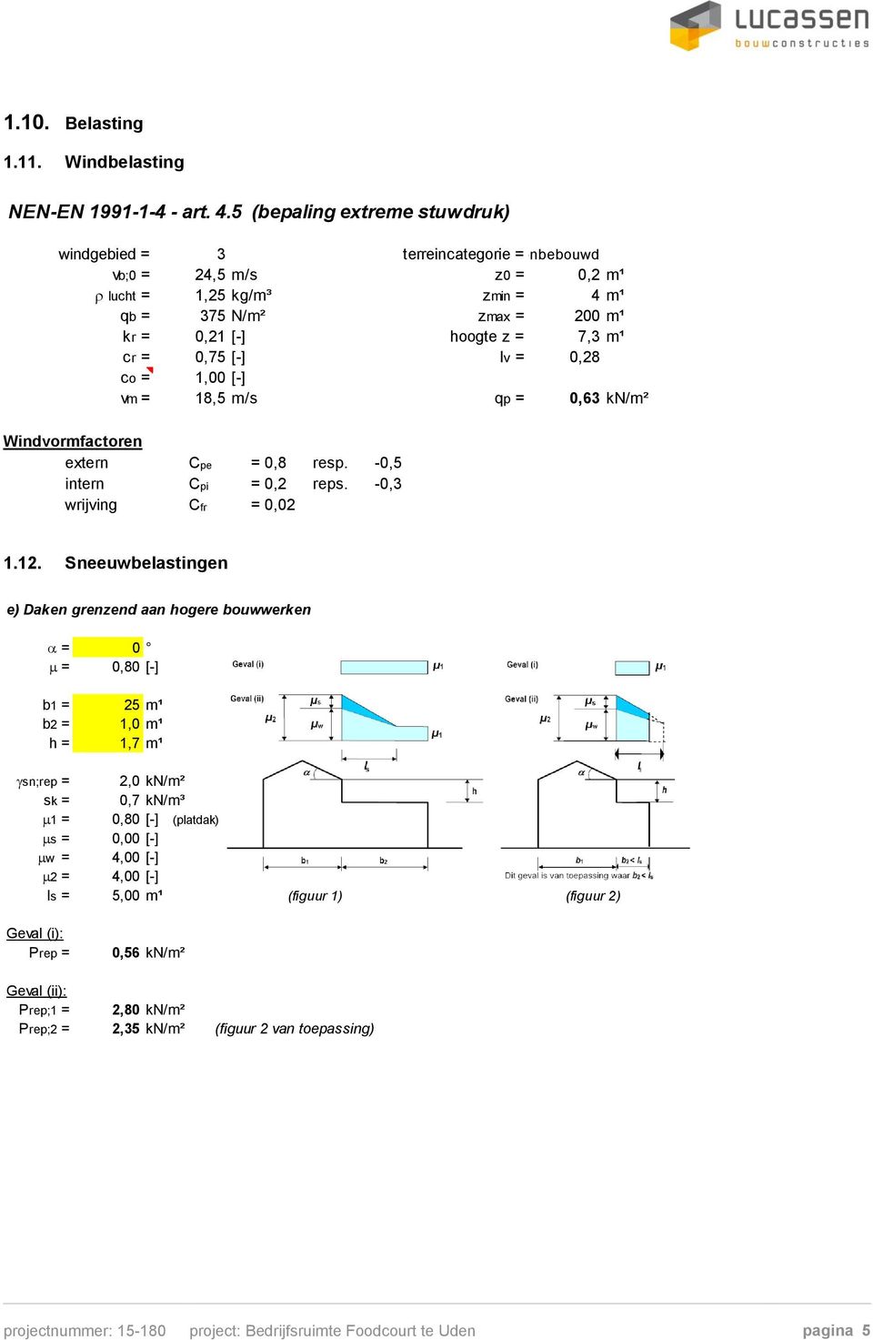 0,75 [-] Iv = 0,28 co = 1,00 [-] vm = 18,5 m/s qp = 0,63 kn/m² Windvormfactoren extern Cpe = 0,8 resp. -0,5 intern Cpi = 0,2 reps. -0,3 wrijving Cfr = 0,02 1.12.