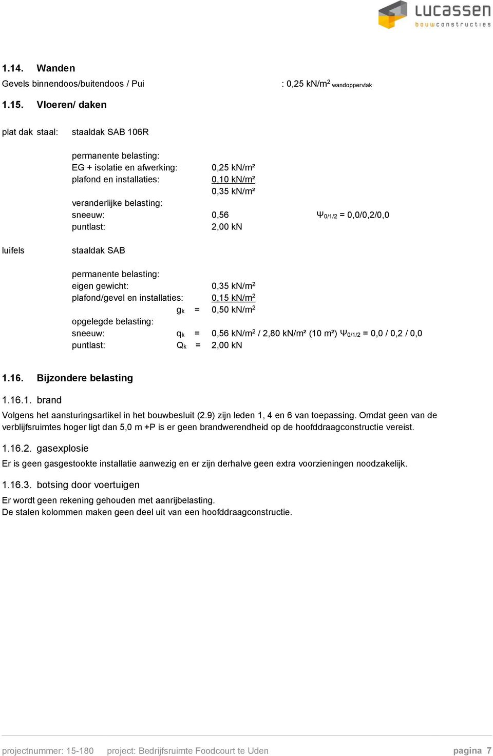 Ψ0/1/2 = 0,0/0,2/0,0 puntlast: 2,00 kn luifels staaldak SAB permanente belasting: eigen gewicht: 0,35 kn/m 2 plafond/gevel en installaties: 0,15 kn/m 2 gk = 0,50 kn/m 2 opgelegde belasting: sneeuw: