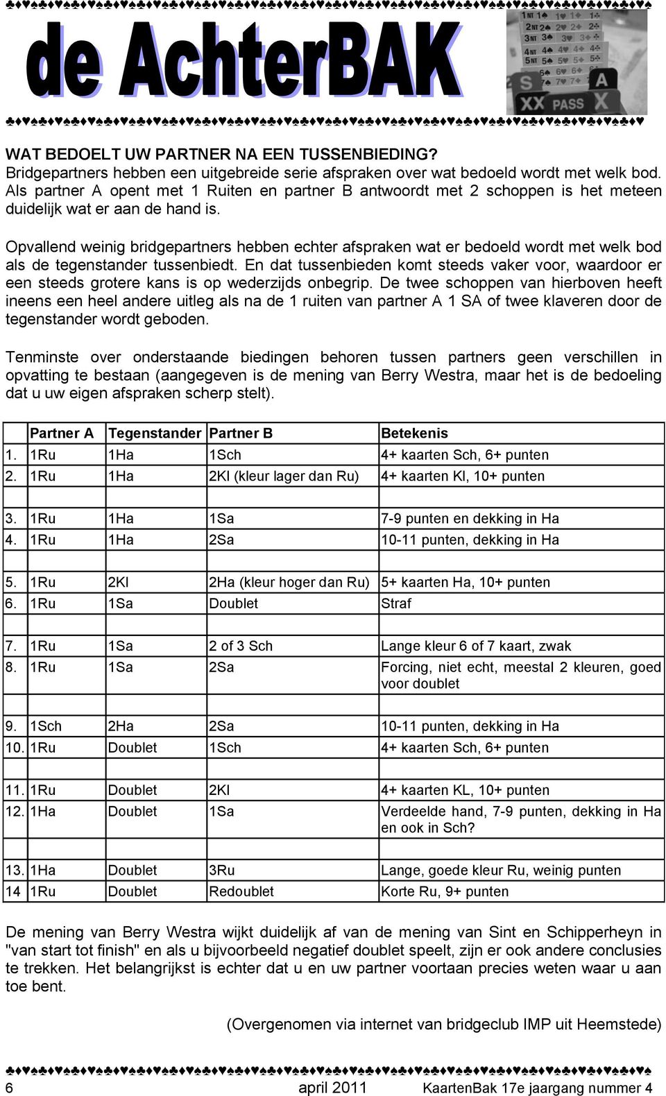 Opvallend weinig bridgepartners hebben echter afspraken wat er bedoeld wordt met welk bod als de tegenstander tussenbiedt.