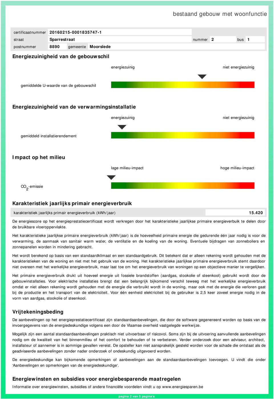 420 De energiescore op het energieprestatiecertificaat wordt verkregen door het karakteristieke jaarlijkse primaire energieverbuik te delen door de bruikbare vloeroppervlakte.