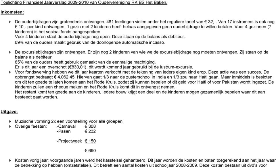 Voor 4 gezinnen (7 kinderen) is het sociaal fonds aangesproken. Voor 4 kinderen staat de ouderbijdrage nog open. Deze staan op de balans als debiteur.