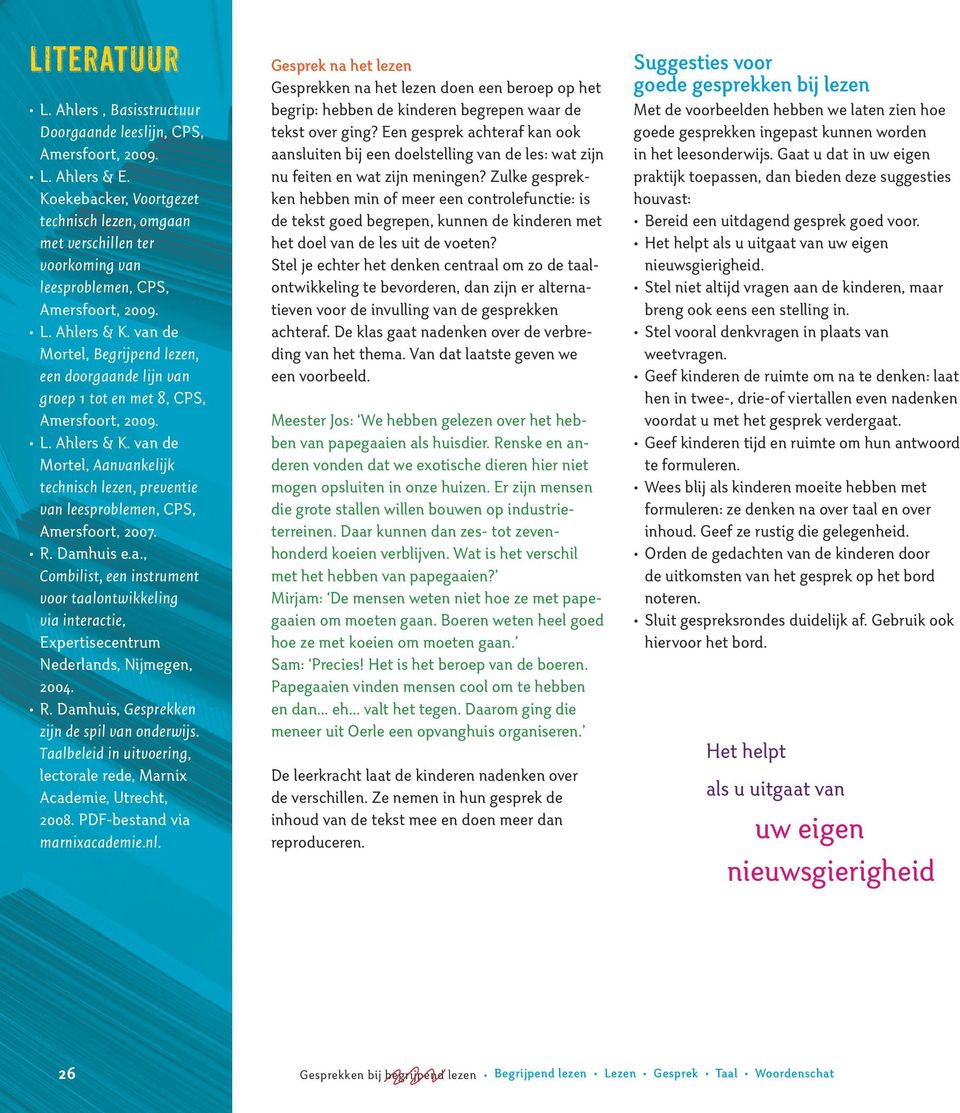 Damhuis e.a., Combilist, een instrument voor taalontwikkeling via interactie, Expertisecentrum Nederlands, Nijmegen, 2004. R. Damhuis, Gesprekken zijn de spil van onderwijs.