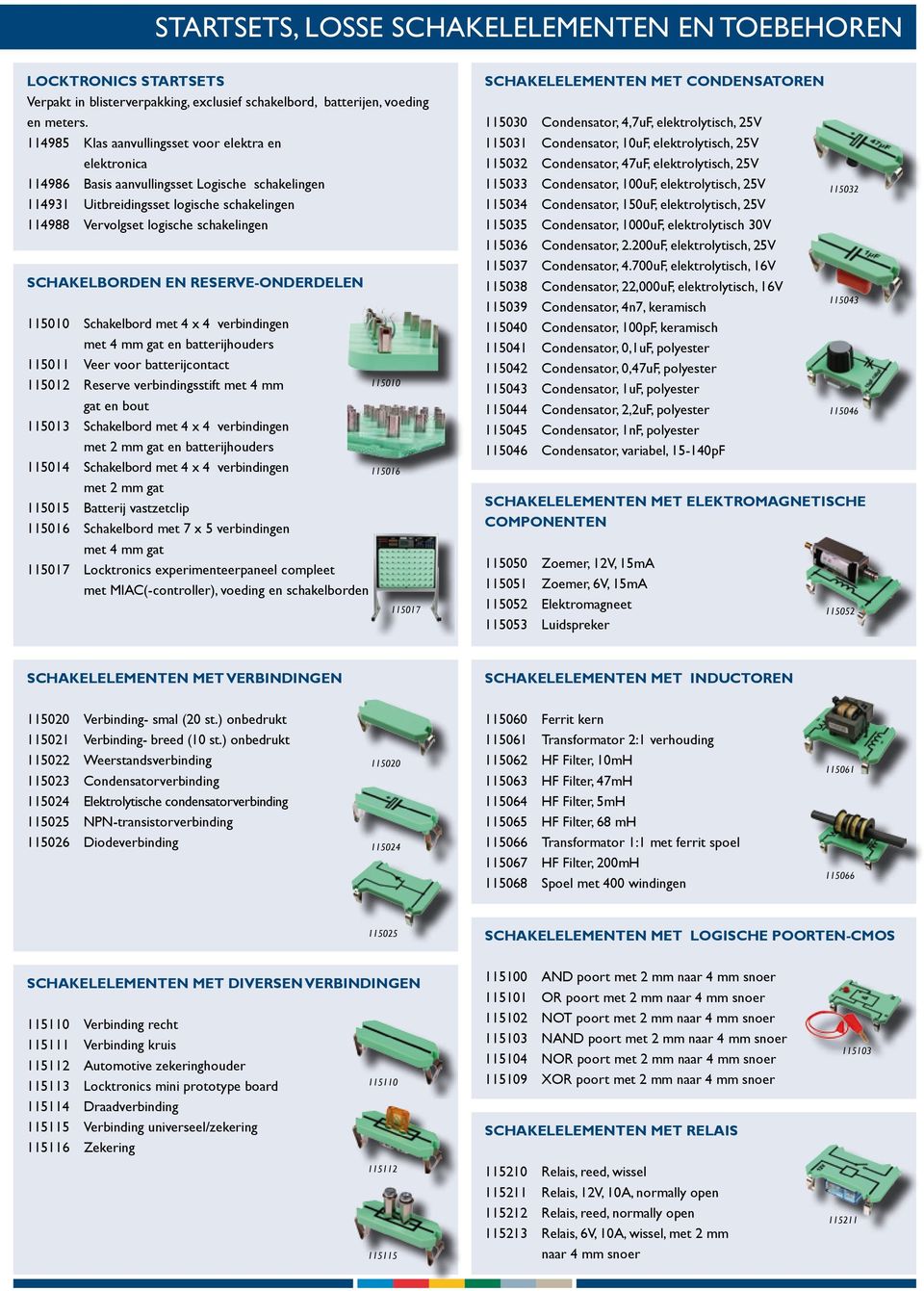 Schakelborden en reserve-onderdelen 115010 Schakelbord met 4 x 4 verbindingen met 4 mm gat en batterijhouders 115011 Veer voor batterijcontact 115012 Reserve verbindingsstift met 4 mm 115010 gat en