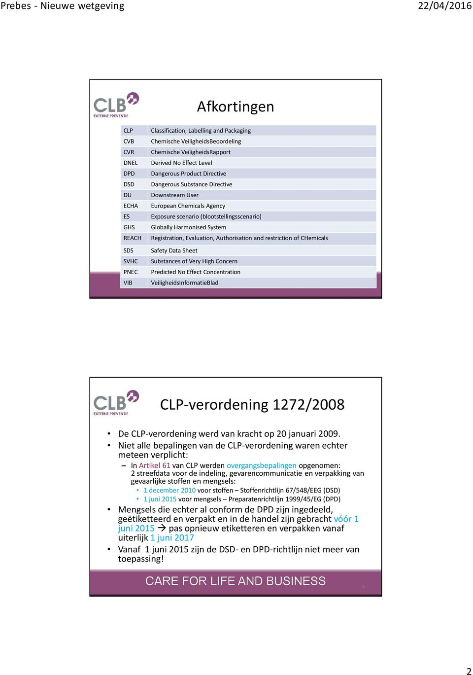 Evaluation, Authorisation and restriction of CHemicals Safety Data Sheet Substances of Very High Concern Predicted No Effect Concentration VeiligheidsInformatieBlad CLP-verordening 1272/2008 De