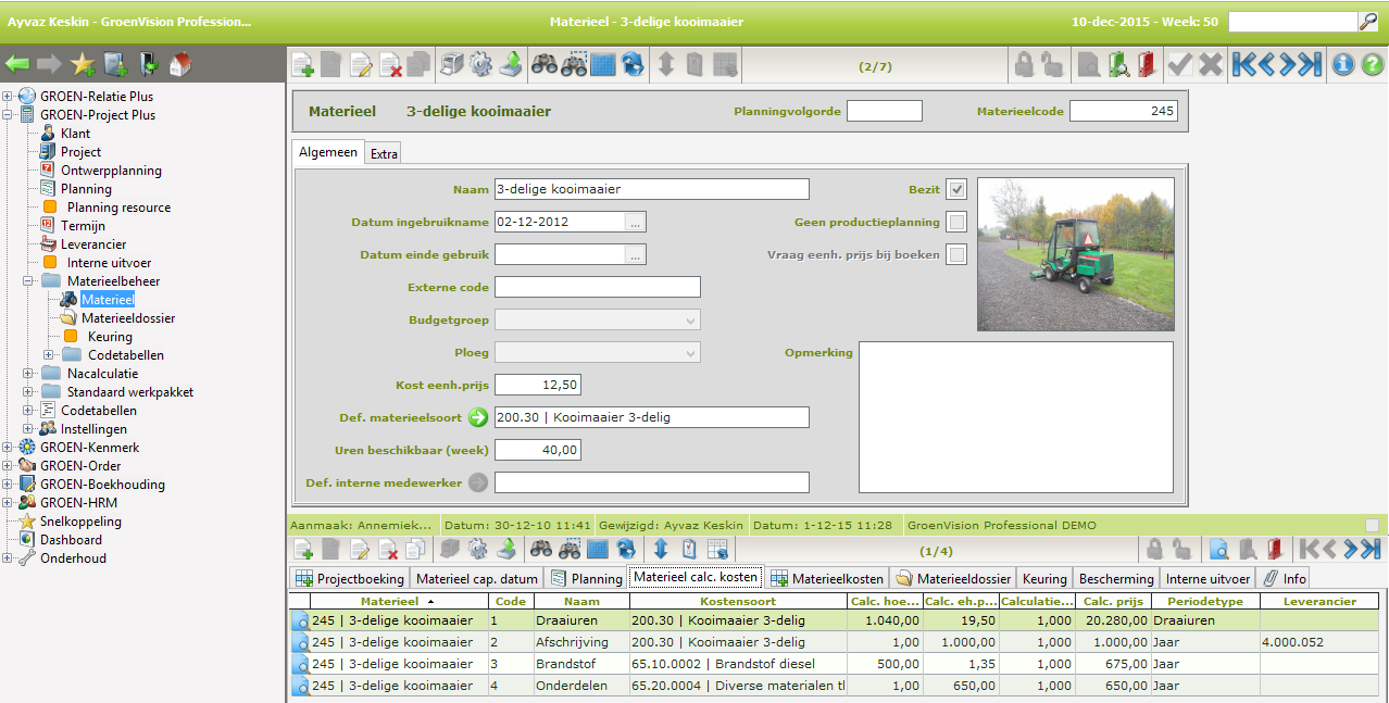 MODULE VISION-MATERIEELBEHEER De module materieelbeheer omvat de onderstaande onderdelen: Materieel stamgegevens Alle stamgegevens van de machines worden vastgelegd in de module Materieelbeheer.