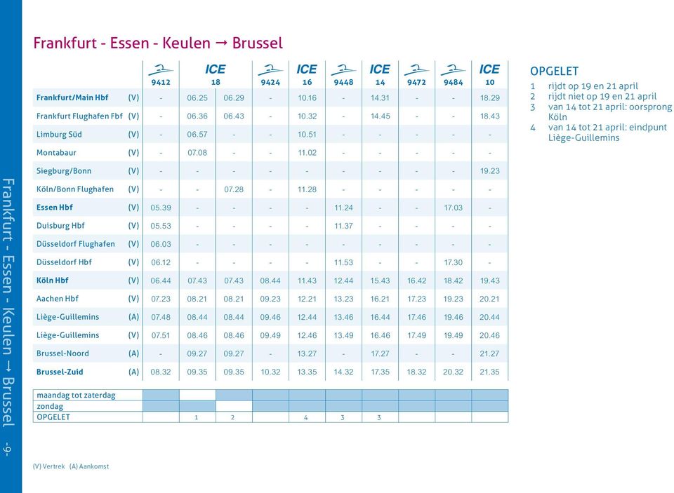 02 - - - - - Opgelet 1 rijdt op 19 en 21 april 2 rijdt niet op 19 en 21 april 3 van 14 tot 21 april: oorsprong Köln 4 van 14 tot 21 april: eindpunt Liège-Guillemins Siegburg/Bonn (V) - - - - - - - -