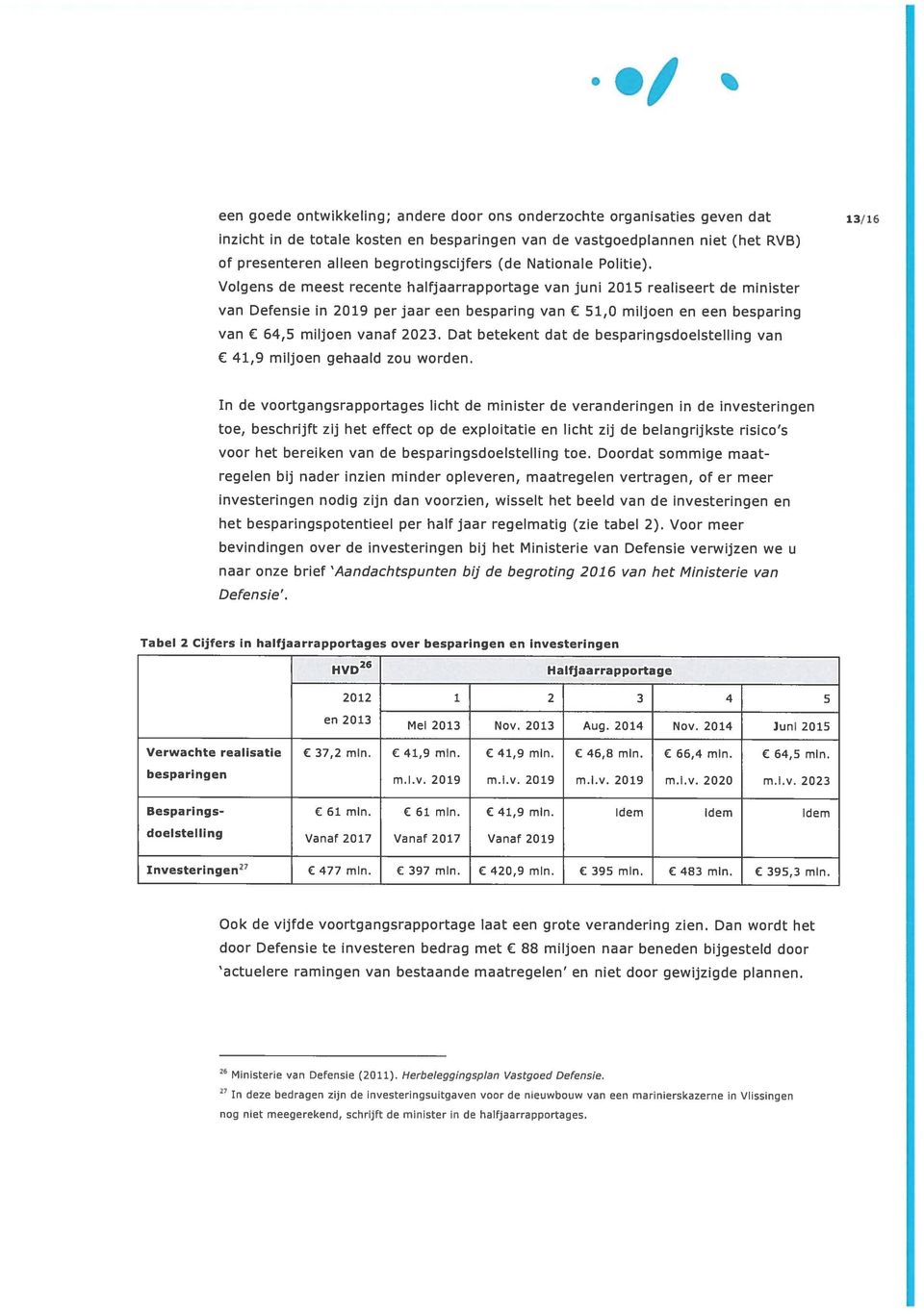 Volgens de meest recente halfjaarrapportage van juni 2015 realiseert de minister van Defensie in 2019 per jaar een besparing van 51,0 miljoen en een besparing van 64,5 miljoen vanaf 2023.