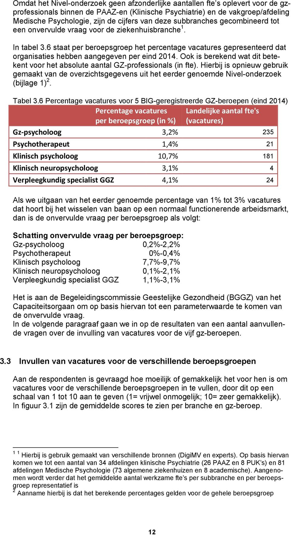 6 staat per beroepsgroep het percentage vacatures gepresenteerd dat organisaties hebben aangegeven per eind 2014. Ook is berekend wat dit betekent voor het absolute aantal GZ-professionals (in fte).