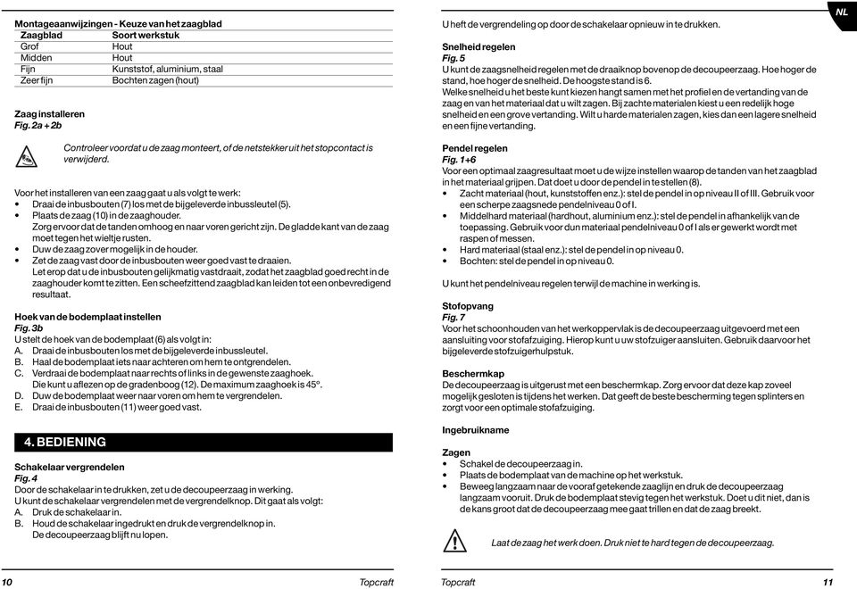 Voor het installeren van een zaag gaat u als volgt te werk: raai de inbusbouten (7) los met de bijgeleverde inbussleutel (5). laats de zaag (10) in de zaaghouder.