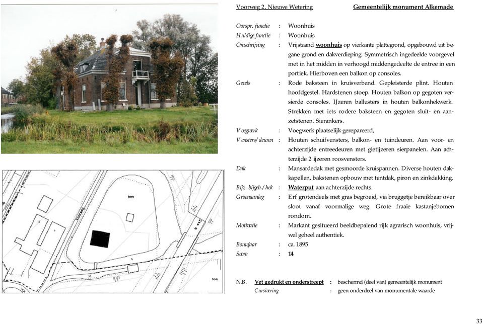 Symmetrisch ingedeelde voorgevel met in het midden in verhoogd middengedeelte de entree in een portiek. Hierboven een balkon op consoles. Gevels : Rode baksteen in kruisverband. Gepleisterde plint.