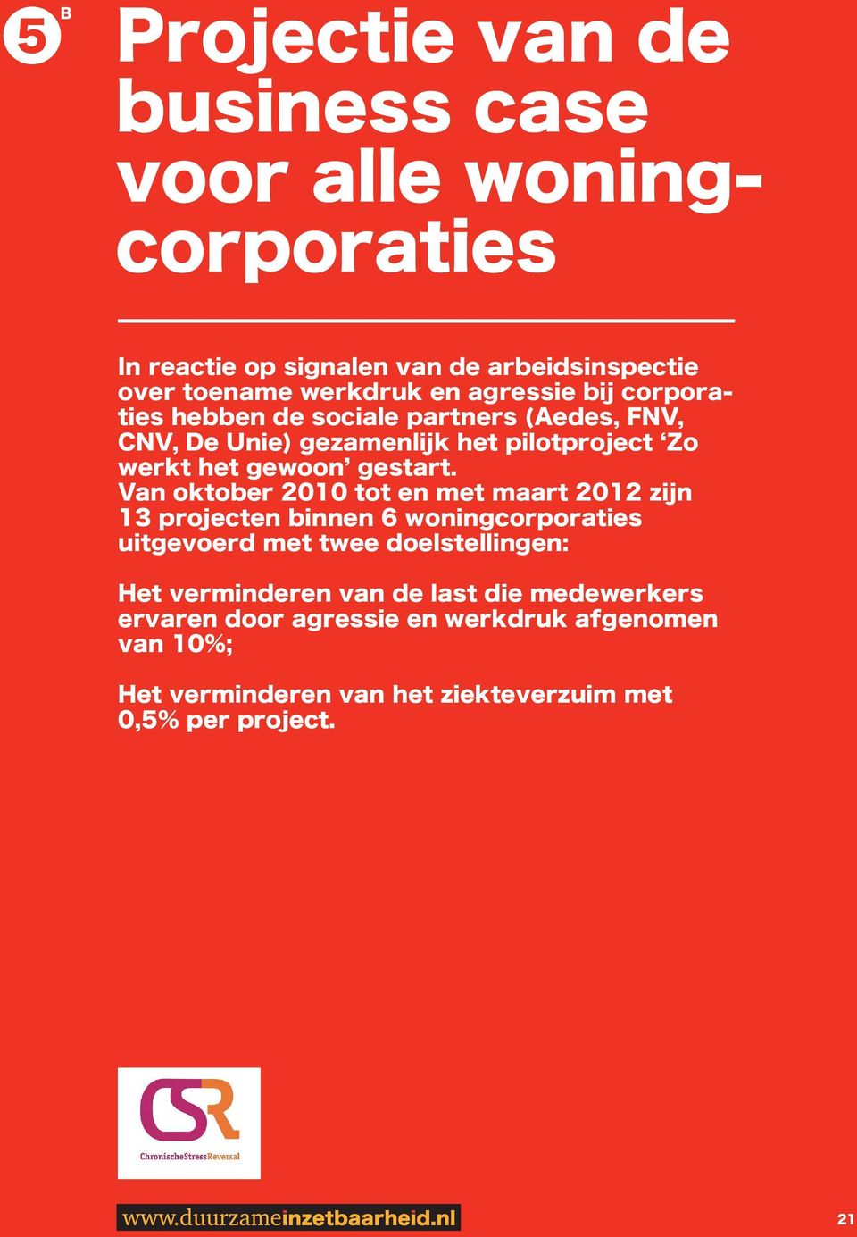 Van oktober 2010 tot en met maart 2012 zijn 13 projecten binnen 6 woningcorporaties uitgevoerd met twee doelstellingen: Het verminderen