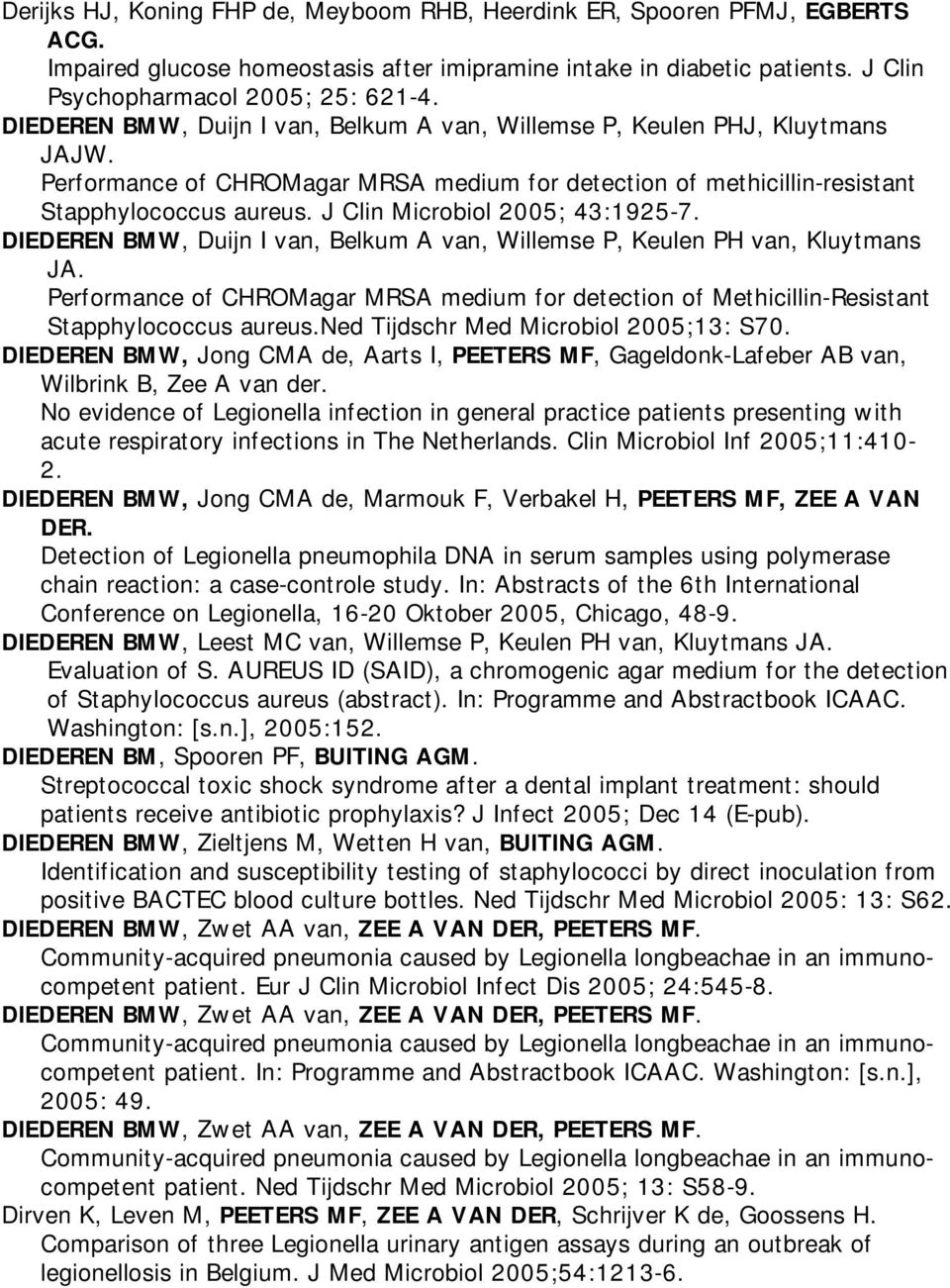 J Clin Microbiol 2005; 43:1925-7. DIEDEREN BMW, Duijn I van, Belkum A van, Willemse P, Keulen PH van, Kluytmans JA.