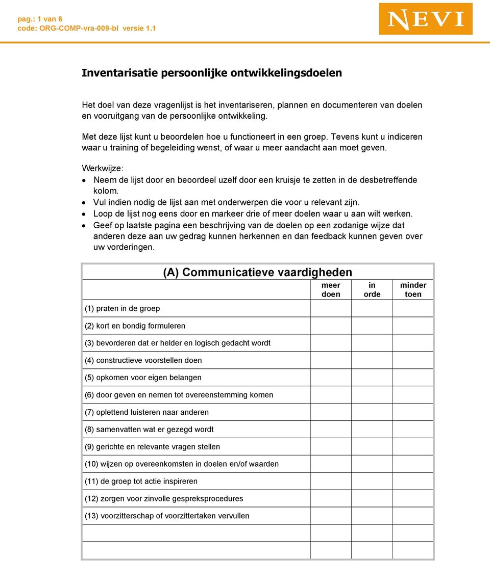 Werkwijze: Neem de lijst door en beoel uzelf door een kruisje te zetten de desbetreffende kolom. Vul dien nodig de lijst aan met onderwerpen die voor u relevant zijn.