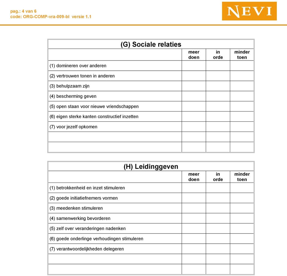 opkomen (H) Leidggeven (1) betrokkenheid en zet stimuleren (2) goede itiatiefnemers vormen (3) meedenken stimuleren