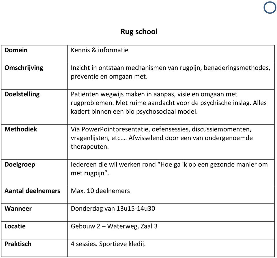 Alles kadert binnen een bio psychosociaal model. Via PowerPointpresentatie, oefensessies, discussiemomenten, vragenlijsten, etc.