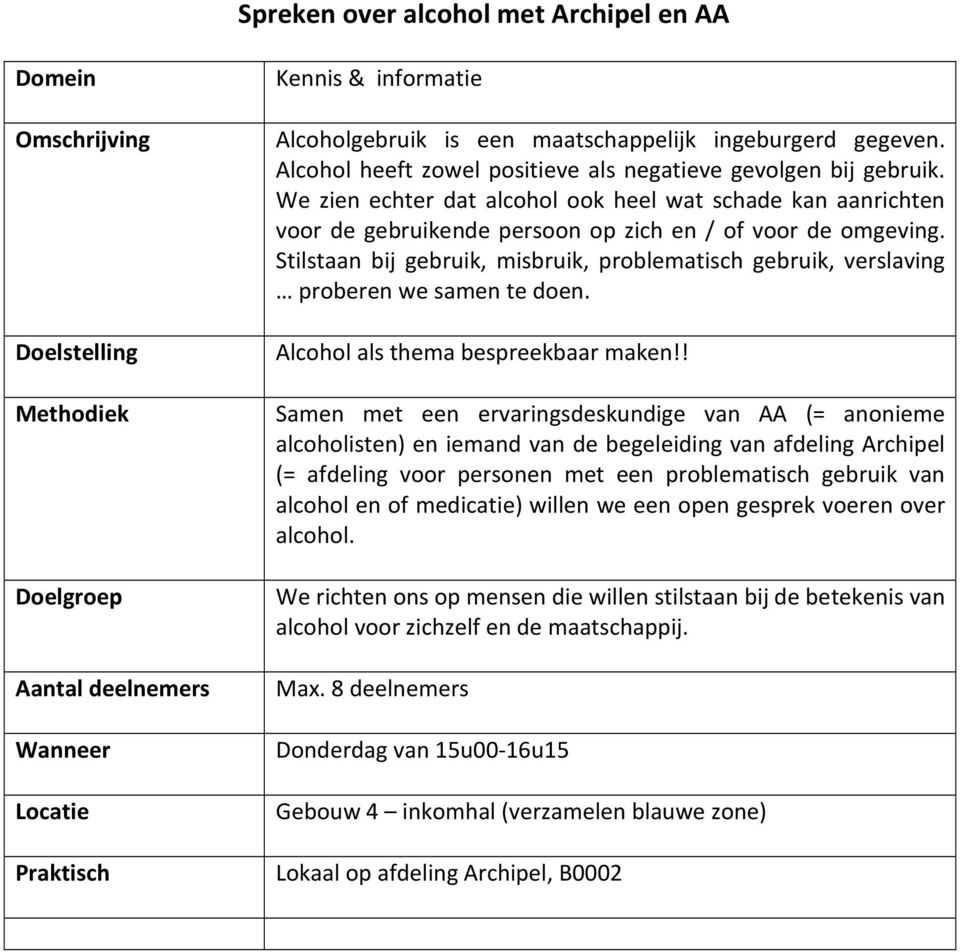 Stilstaan bij gebruik, misbruik, problematisch gebruik, verslaving proberen we samen te doen. Alcohol als thema bespreekbaar maken!