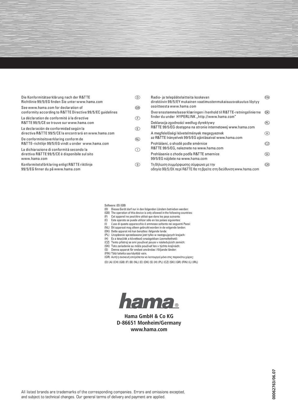 hama.com De conformiteitsverklaring conform de R&TTE-richtlijn 99/5/EG vindt u onder www.hama.com La dichiarazione di conformità secondo la direttiva R&TTE 99/5/CE è disponibile sul sito www.hama.com Konformitetsförklaring enligt R&TTE riktlinje 99/5/EG finner du på www.