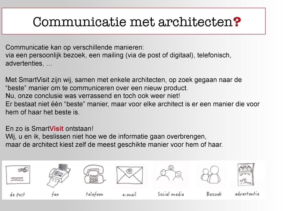 wij, samen met enkele architecten, op zoek gegaan naar de beste manier om te communiceren over een nieuw product.