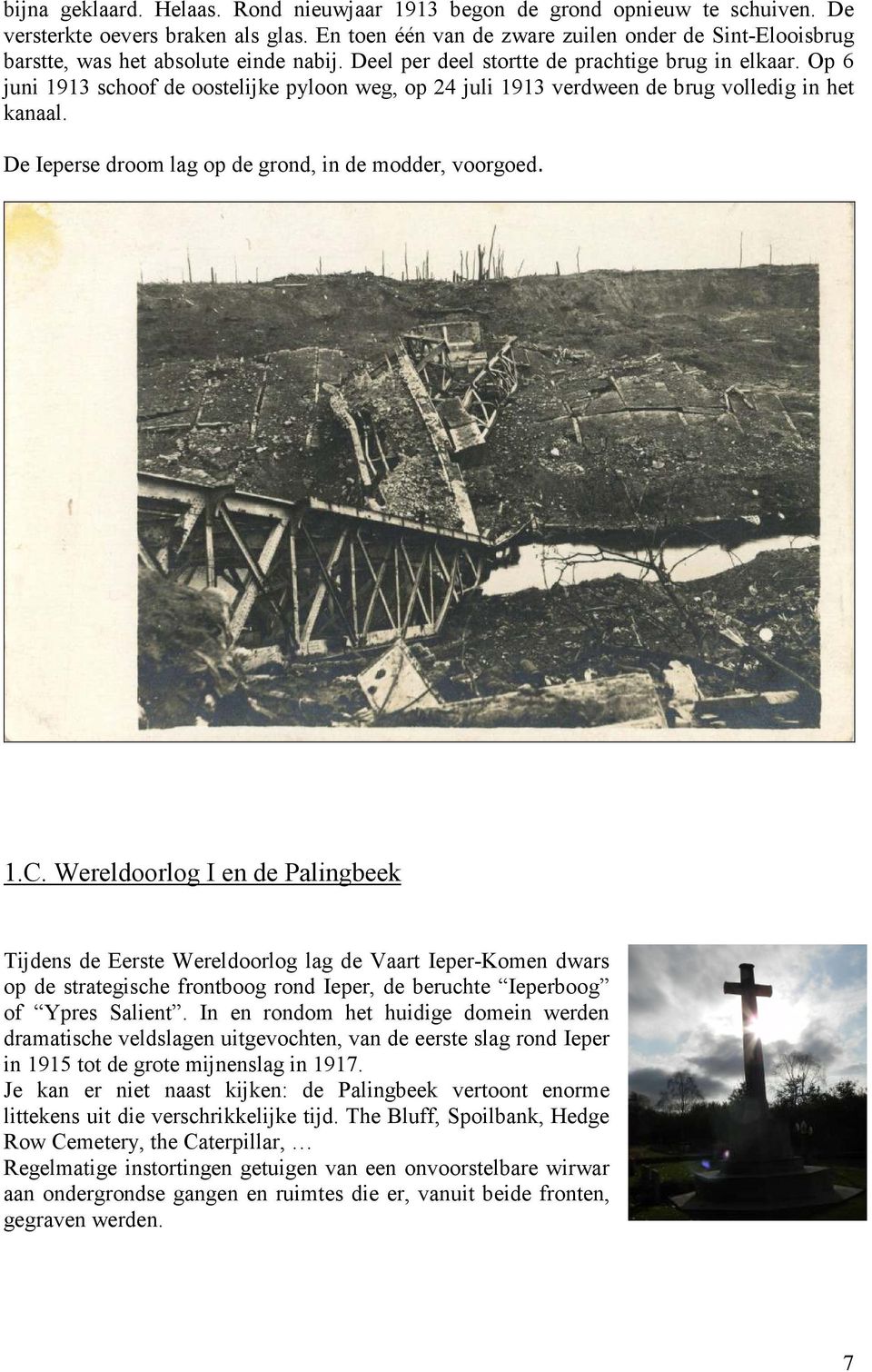 Op 6 juni 1913 schoof de oostelijke pyloon weg, op 24 juli 1913 verdween de brug volledig in het kanaal. De Ieperse droom lag op de grond, in de modder, voorgoed. 1.C.