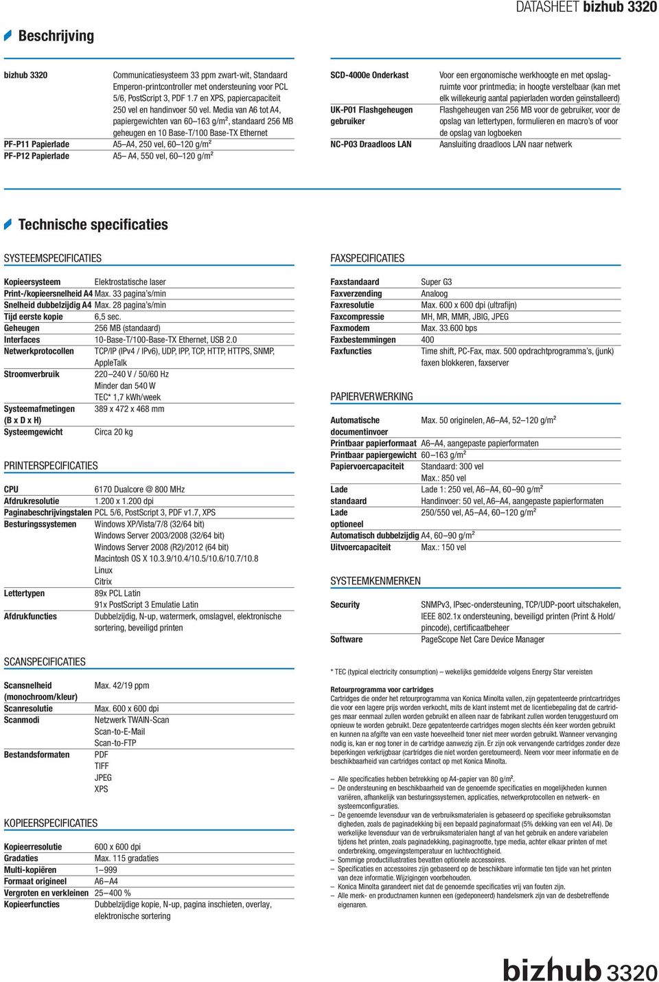 Media van A6 tot A4, papiergewichten van 60 163 g/m², standaard 256 MB geheugen en 10 Base-T/100 Base-TX Ethernet A5 A4, 250 vel, 60 120 g/m² A5 A4, 550 vel, 60 120 g/m² SCD-4000e Onderkast UK-P01