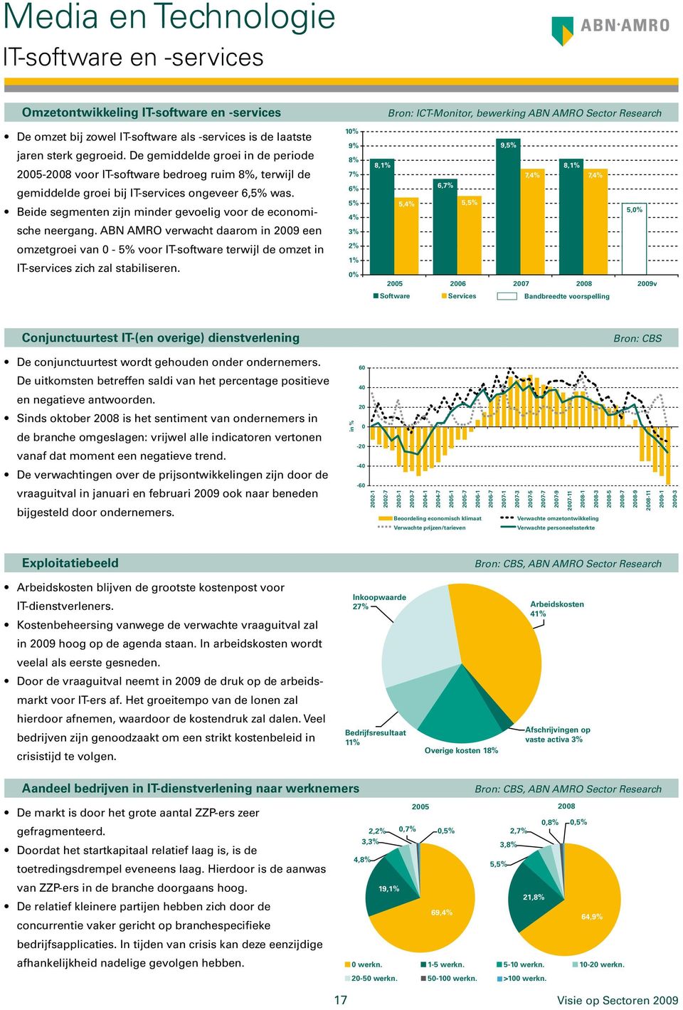 Beide segmenten zijn minder gevoelig voor de economische neergang. ABN AMRO verwacht daarom in 2009 een omzetgroei van 0-5% voor IT-software terwijl de omzet in IT-services zich zal stabiliseren.